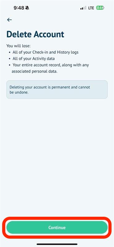 Kylee delete account step three, confirming loss of all data in decision to move forward